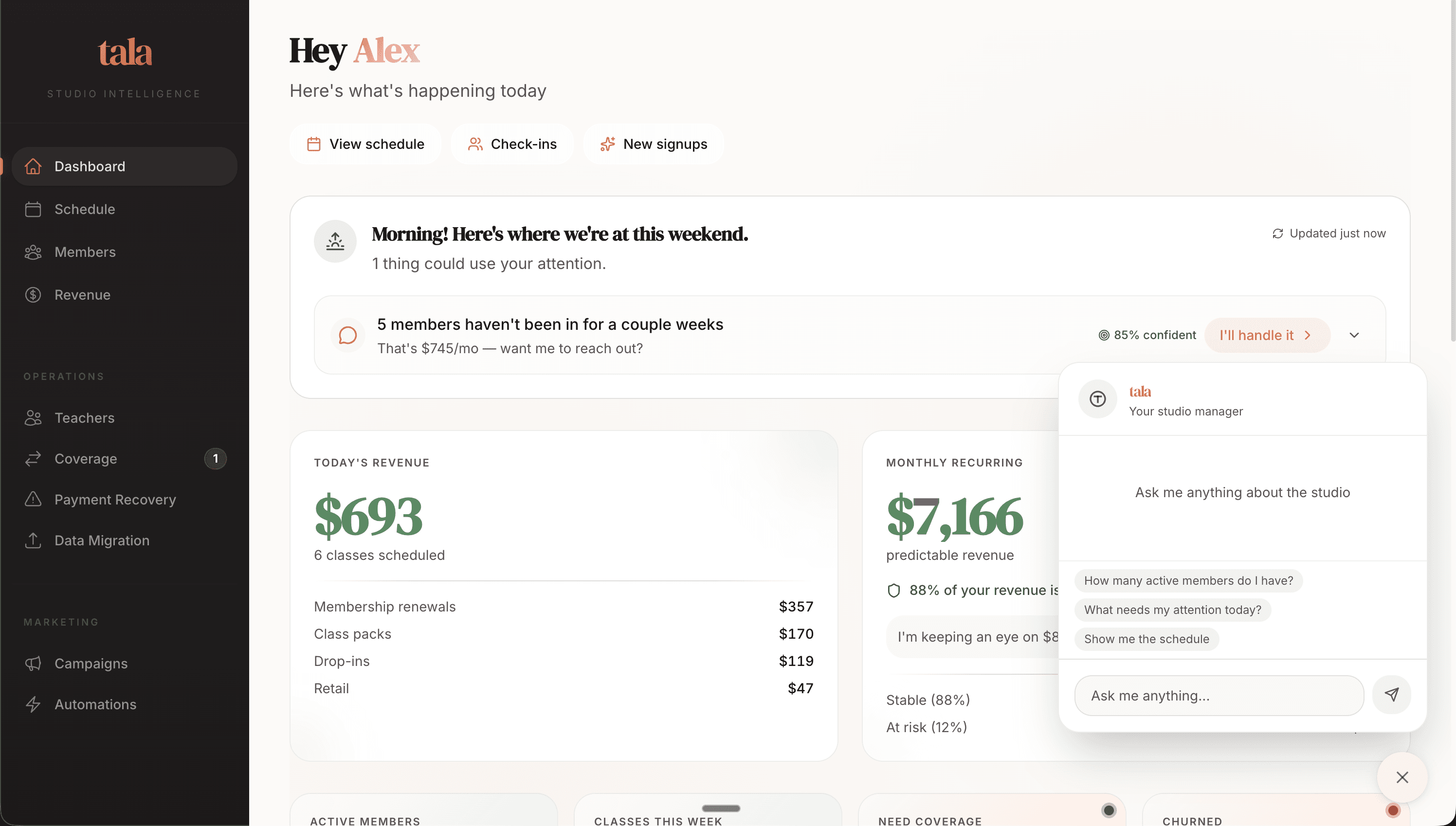 Tala studio management dashboard showing class schedule, member insights, and revenue analytics